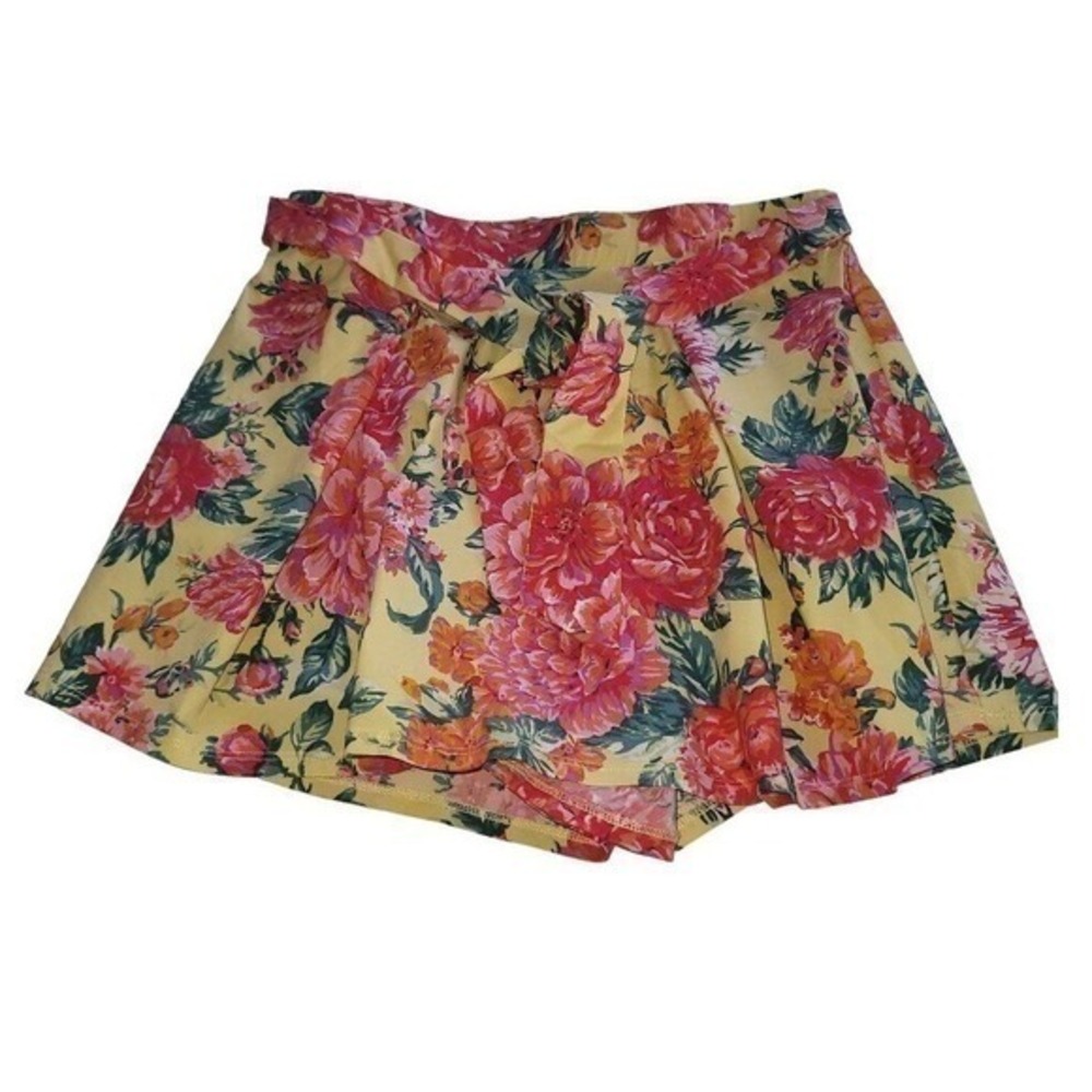 Blashe Floral Skort  M Yellow Pink High Waist Tie Belt Boho Summer Resort Preppy